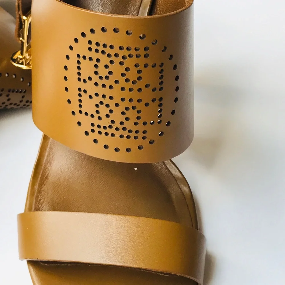 Tory Burch Tan Leather High Heel Sandals with Gold Accents
